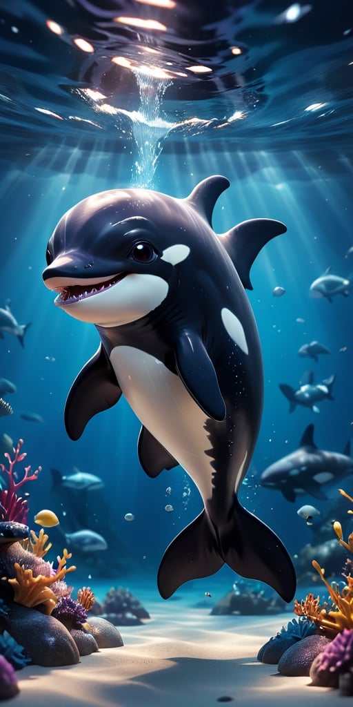 close up angle of, cut body, ((),(3d killer whale )) surrounded by underwater,( )  ,animal, detailed focus, deep bokeh, beautiful, , dark cosmic background. Visually delightful , 3D,more detail XL,chibi