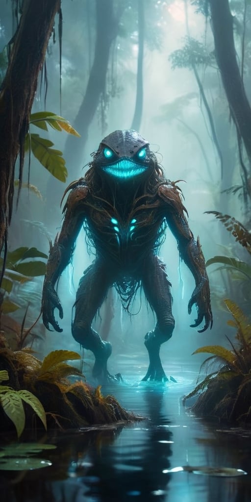 A monstrous, amphibious creature with bioluminescent markings emerges from a fog-shrouded swamp. Its webbed fingers leave glowing trails on the damp vegetation, and its croaking calls echo through the dense foliage, both a warning and a lure.
