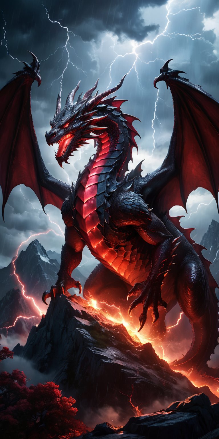 A colossal dragon with gleaming ruby scales perched on a mountain peak under a stormy sky. Lightning illuminates its menacing silhouette, highlighting the sharpness of its claws and the lethal grace in its powerful form.
