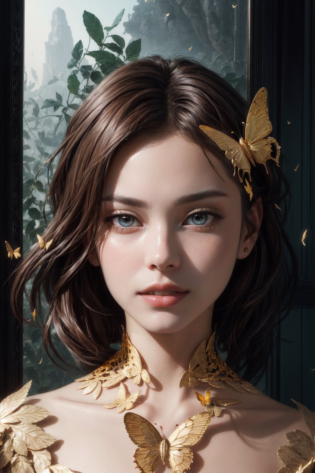 8k portrait of beautiful cyborg with brown hair, intricate, elegant, highly detailed, majestic, digital photography, art by artgerm and ruan jia and greg rutkowski surreal painting gold butterfly filigree, broken glass, (masterpiece, sidelighting, finely detailed beautiful eyes: 1.2), hdr, (detailed background window to a new dimension, plants and flowers:0.7)  infinity, infinite symbol,