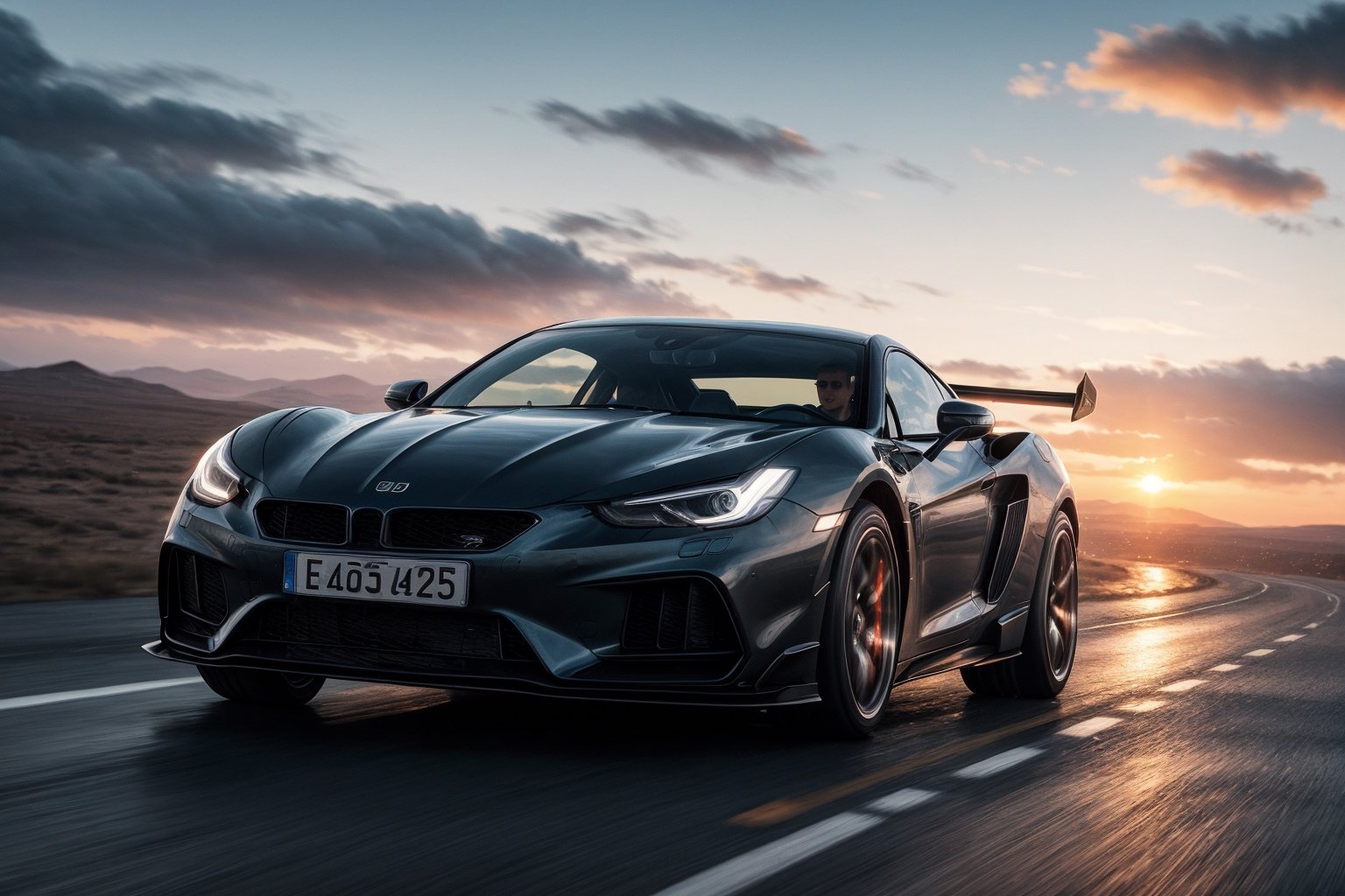 photo of a supercar, 8k uhd, high quality, road, sunset, motion blur, depth blur, cinematic, filmic image 4k, 8k with [George Miller's Mad Max style]. The image should be [ultra-realistic], with [high-resolution] captured in [natural light]. The lighting should create [soft shadows] and showcase the [raw] and [vibrant colors], volumetric dtx, depth blur, blurry background, bokeh, (motion blur:1.001)