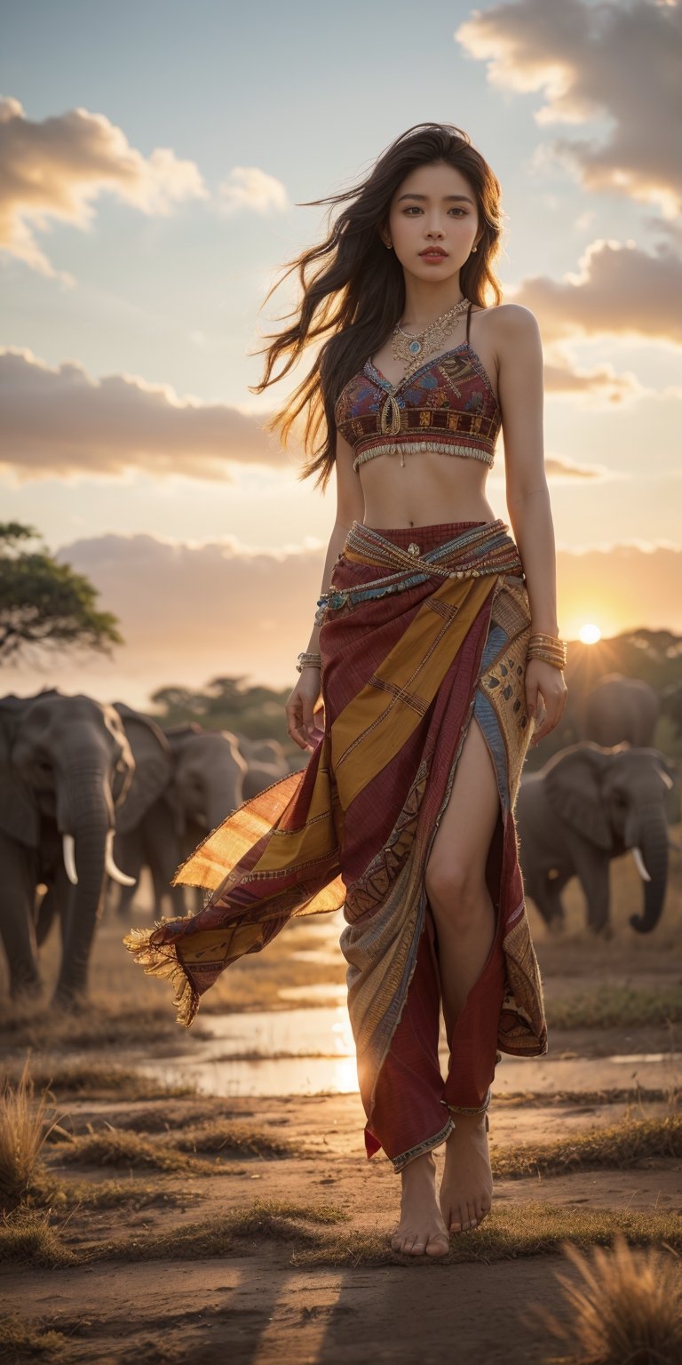 Sunrise on the Savanna: A Maasai woman, adorned with intricate beadwork, stands silhouetted against a vibrant sunrise over the African savanna. Elephants graze peacefully in the distance, and the air is alive with the sounds of awakening wildlife.