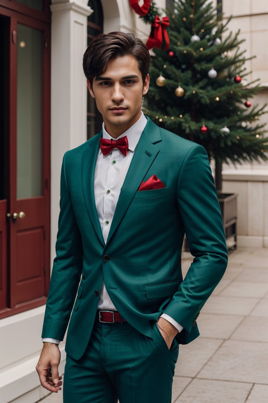 1 male, (formal suits, suit colour white  green red)( Christmas theme),Masterpiece