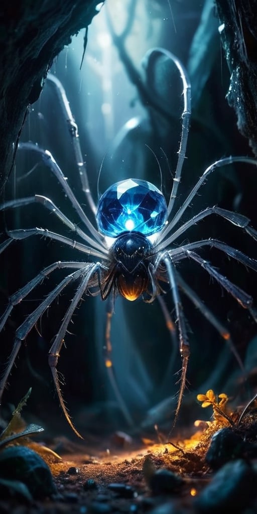 A colossal, crystalline entity resembling a twisted spider pulsates with an inner light. Its legs, formed from razor-sharp crystals, pierce the ground, and its multifaceted eyes gleam with an intelligence both alien and unsettling.
