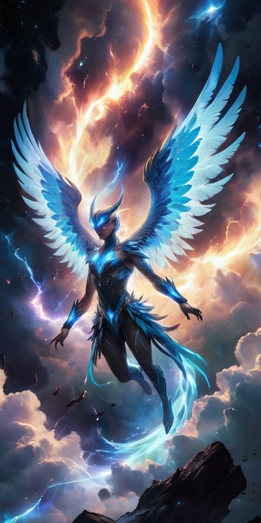  A pack of winged humanoids with shimmering feathers and razor-sharp talons soar through a celestial storm. Their forms crackle with electrical energy, and their eyes glow with an otherworldly power as they navigate the swirling clouds of gas and plasma.
