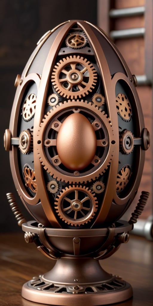 Generate an image of a steampunk-inspired Easter egg, featuring intricate metallic gears, cogs, and mechanical elements. The egg should have a vintage, industrial look, with a color palette of bronze, copper, and gold. Include intricate details and shading to give the egg a realistic, three-dimensional appearance."