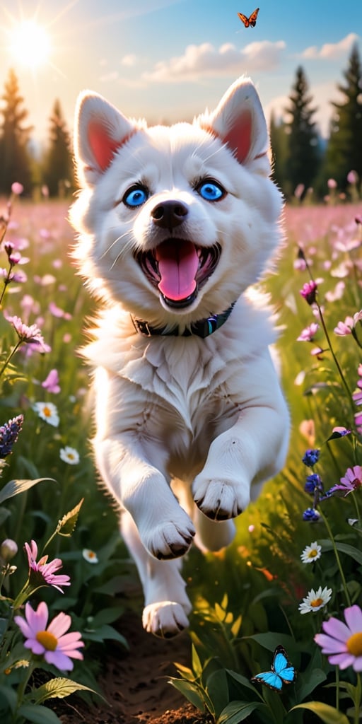 A husky puppy with piercing blue eyes and fluffy white fur, its playful energy boundless, bounds through a field of wildflowers, chasing a brightly colored butterfly. The puppy's pink tongue flops out in joyful exertion as it leaps and pounces, its soft fur catching the sunlight in a burst of white. The butterfly, with wings of vibrant orange and black, flits just out of reach, leading the energetic pup on a merry chase through the summer meadow.
