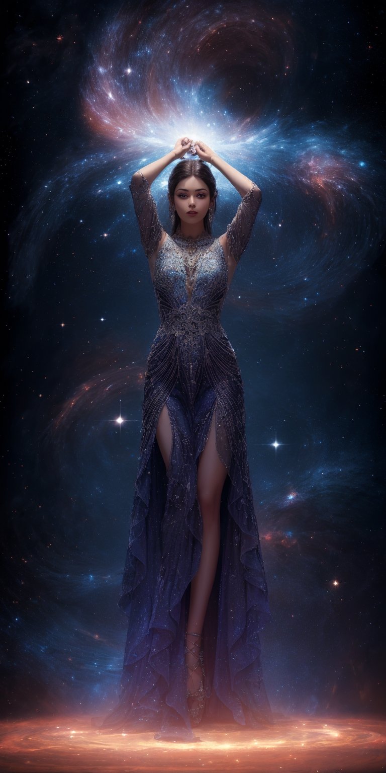 Starlight Sculptor in the Void A woman with eyes that shimmer like distant galaxies and hands that dance with stardust stands amidst a swirling nebula. Her flowing gown, composed of sculpted constellations and celestial bodies, reflects the vastness of space. She shapes nebulae with her touch, her creations echoing the beauty and mystery of the cosmos.
