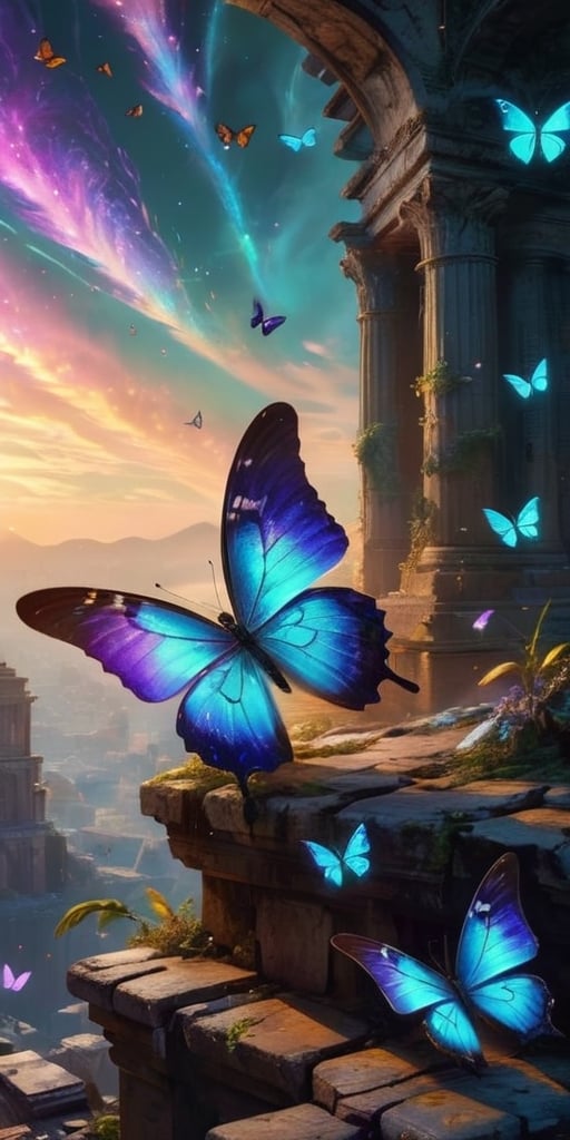 A swarm of bioluminescent butterflies with iridescent wings flutter through the ruins of an ancient alien city. Their delicate beauty masks a deadly secret: their powdery scales are laced with a potent neurotoxin, leaving those who disturb them in a paralyzed state.
