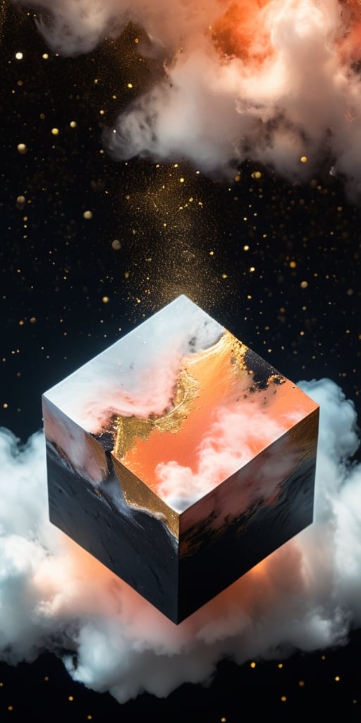 close up angle of (( on the cloud), (Deep Peach, gold, white, black colour cube dust),()detailed focus, deep bokeh, beautiful, , dark cosmic background. Visually delightful , 3D,more detail XL