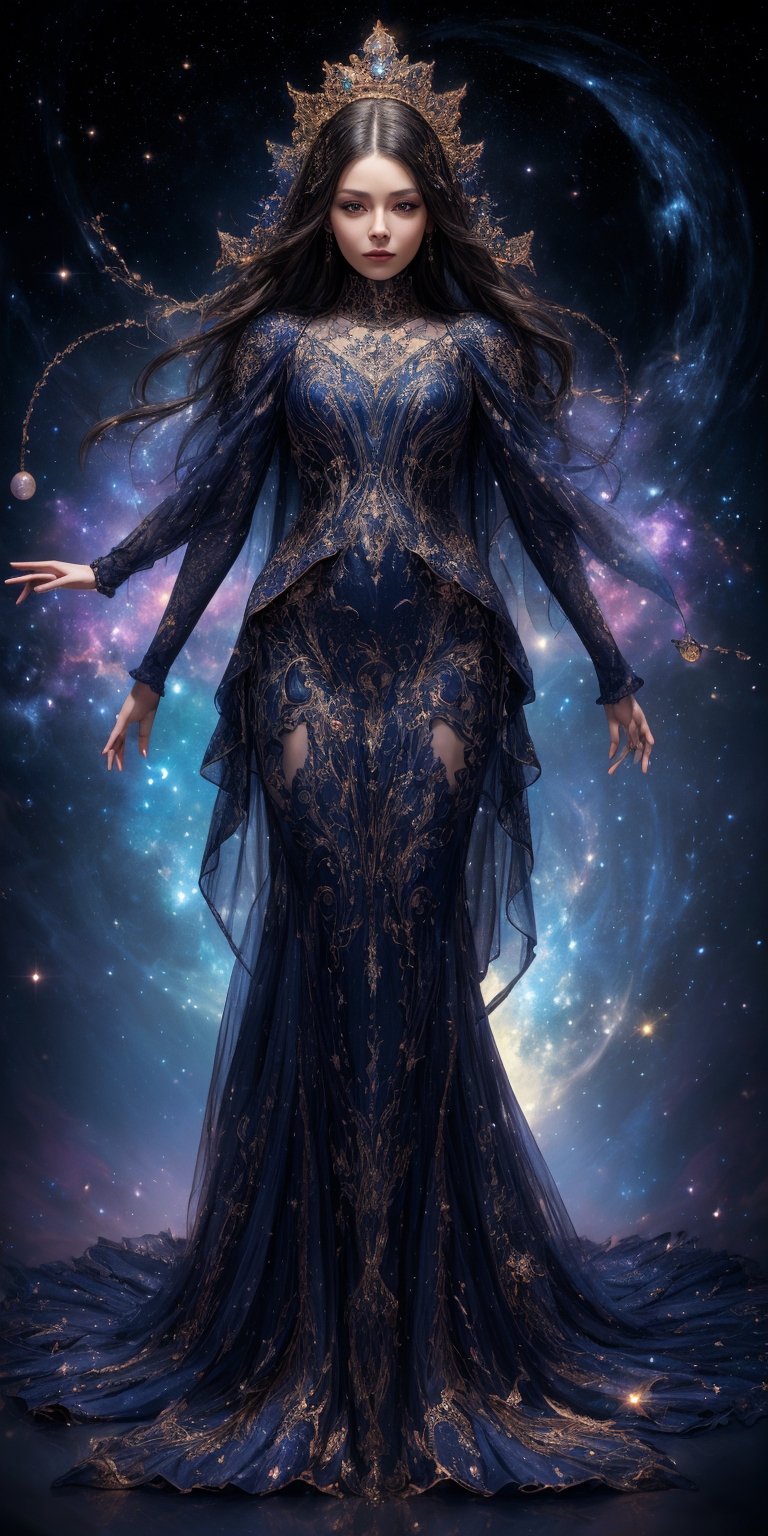 Starlight Sculptor in the Void A woman with eyes that shimmer like distant galaxies and hands that dance with stardust stands amidst a swirling nebula. Her flowing gown, composed of sculpted constellations and celestial bodies, reflects the vastness of space. She shapes nebulae with her touch, her creations echoing the beauty and mystery of the cosmos.
