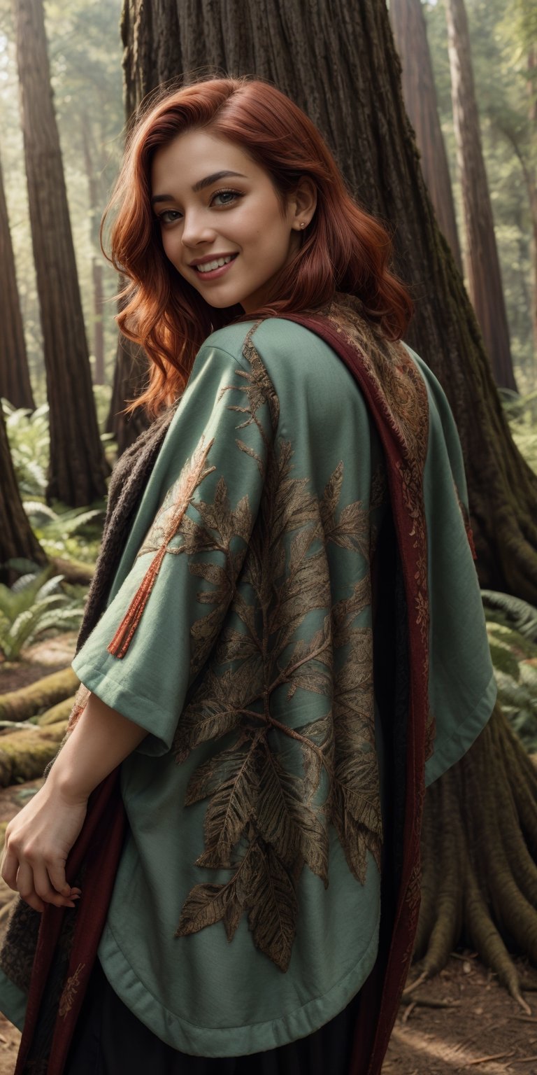 A Latina woman with fiery red hair cascading down her back and bright green eyes sparkling with mischief, leans against the trunk of a giant, ancient redwood tree in a sun-dappled forest. She wears a cloak woven from emerald leaves and carries a mischievous grin.
