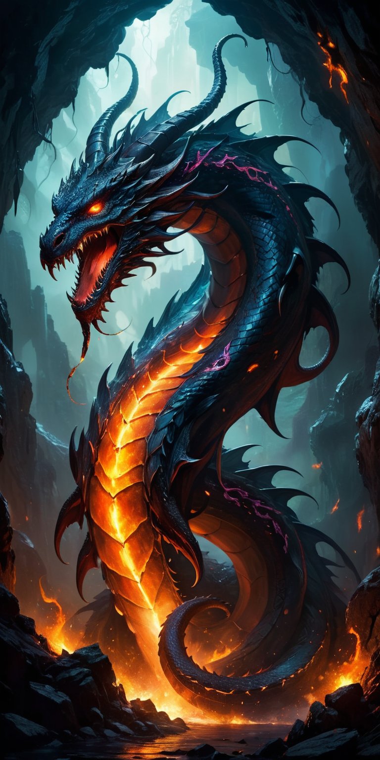 Dread Serpent A massive serpent with the scales of a dragon and the head of a demonic beast, complete with horns and fiery eyes. Its fangs are dripping with venom, and its body is adorned with glowing runes. The setting is a dark cavern lit by the eerie glow of crystals embedded in the walls.
