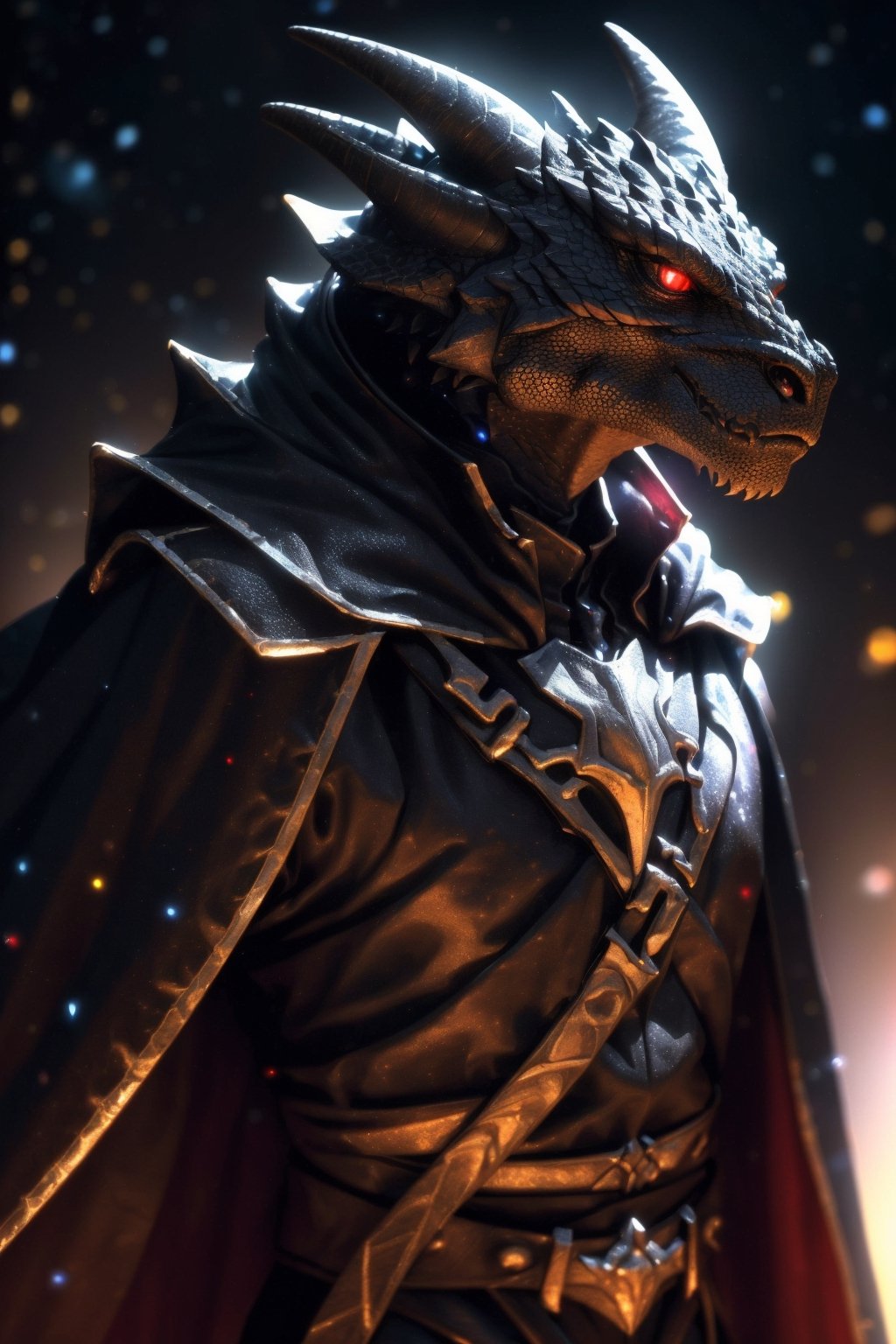 black dragonborn, solo, red eyes, male, upper body, male focus, horns, cape, armor, glowing, glowing eyes, volumetrics dtx, (film grain, blurry background, blurry foreground, bokeh, depth of field, motion blur, realistic:1.3), ((masterpiece, best quality)), art by greg rutkowski  ,dragonborn