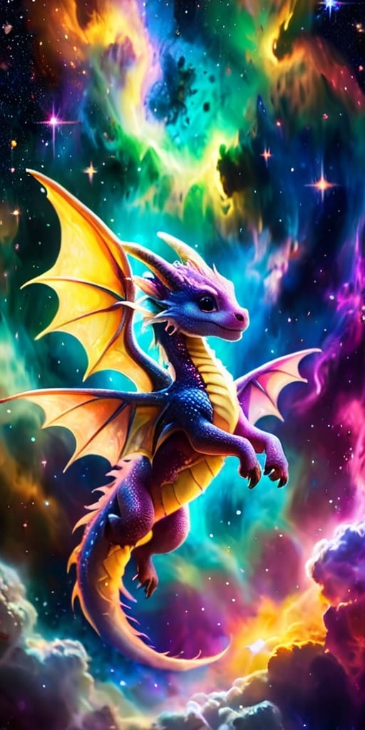 Playful Dragon in a Nebula A playful baby dragon with wings like butterfly wings made of stardust flies through a vibrant nebula. Its body glows with an ethereal light as it weaves through the colorful gas clouds and twinkling stars.