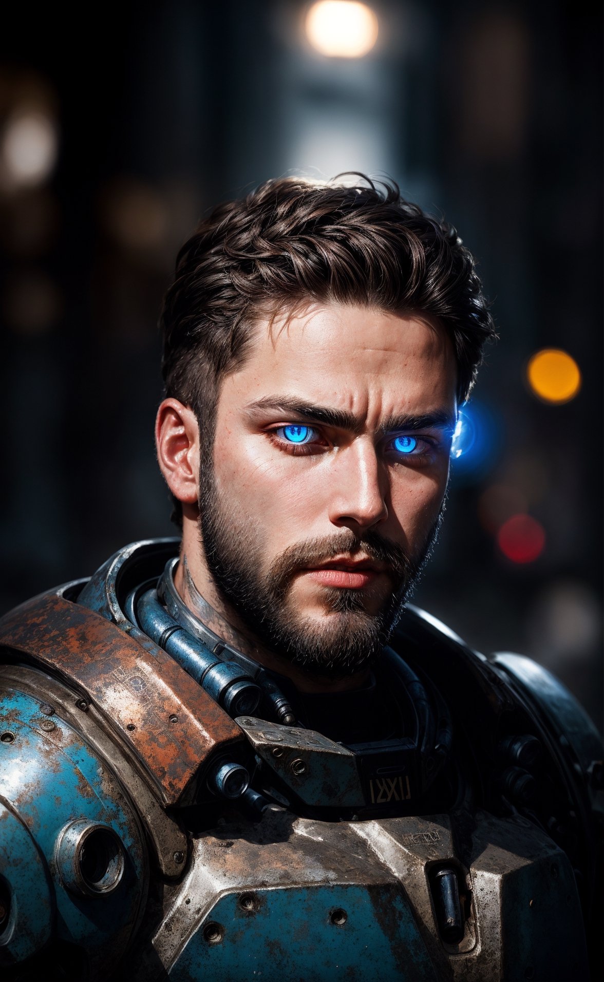 Portrait photo of muscular bearded guy in a worn mech suit, ((light bokeh)), intricate, (steel metal [rust]), elegant, sharp focus, photo by greg rutkowski, soft lighting, vibrant colors, (masterpiece), ((streets)), (detailed face:1.2), (glowing blue eyes:1.1)   