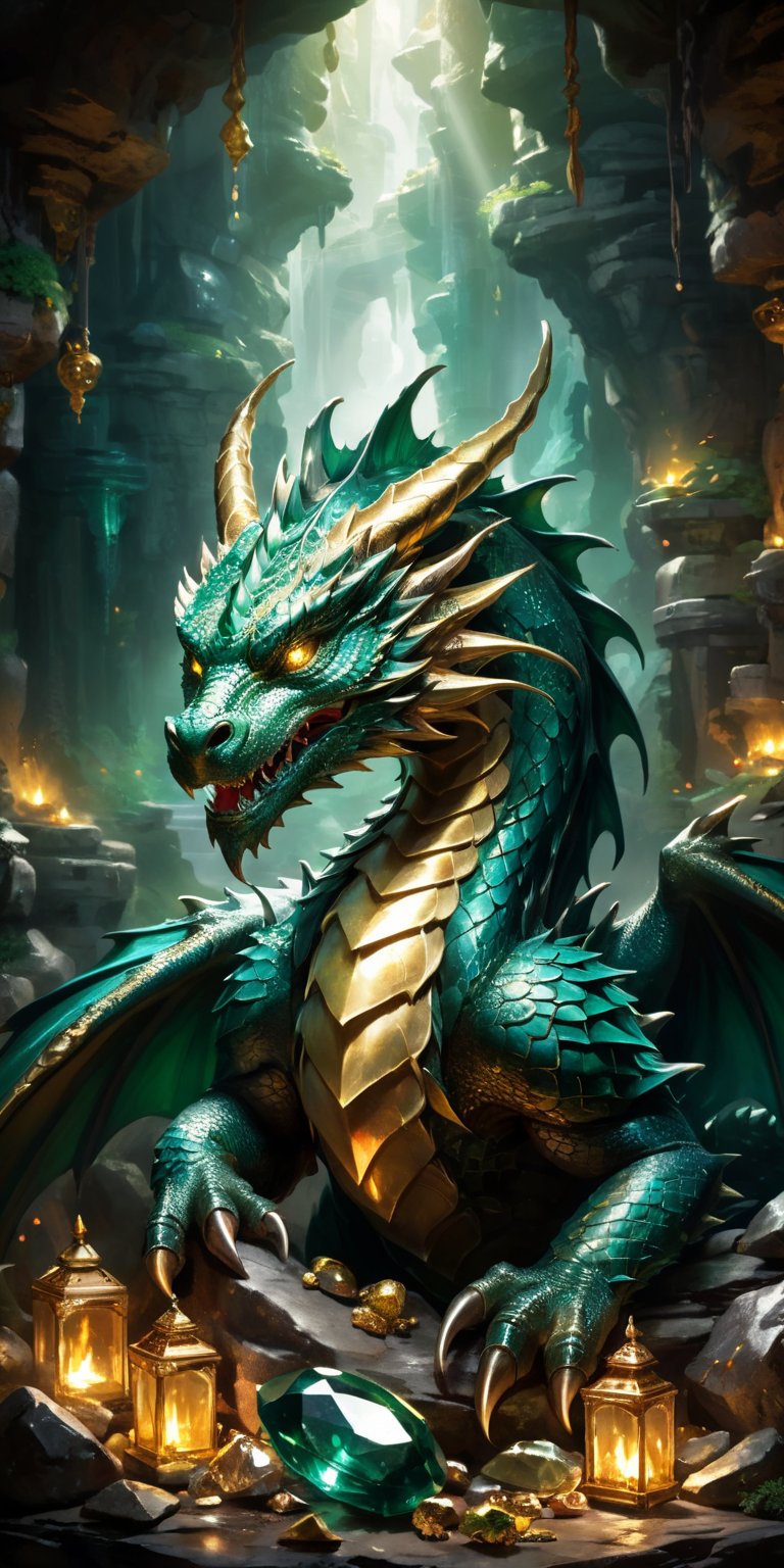 A majestic dragon with emerald-green scales lying protectively over a hoard of treasures in a dimly lit cavern. The gems and gold reflect its fierce beauty, while the shadows and flickering torchlight hint at the peril of approaching such a creature."
