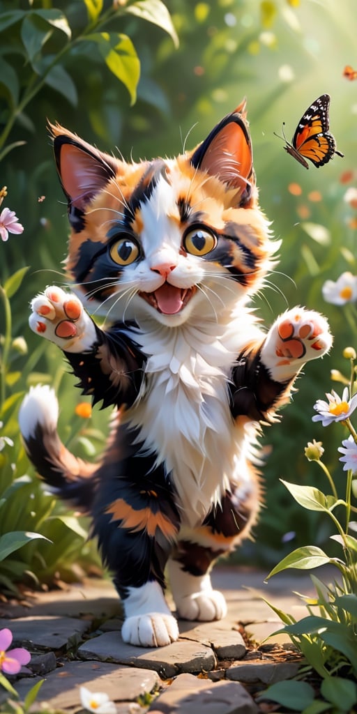 A playful scene of a calico kitten, its fur a patchwork of black, white, and orange, batting at a butterfly with its tiny paws. The butterfly, seemingly unfazed, flits around the kitten, leading it on a merry chase through a bed of blooming wildflowers. The image is a heartwarming portrayal of youthful curiosity and the joy of exploration.
