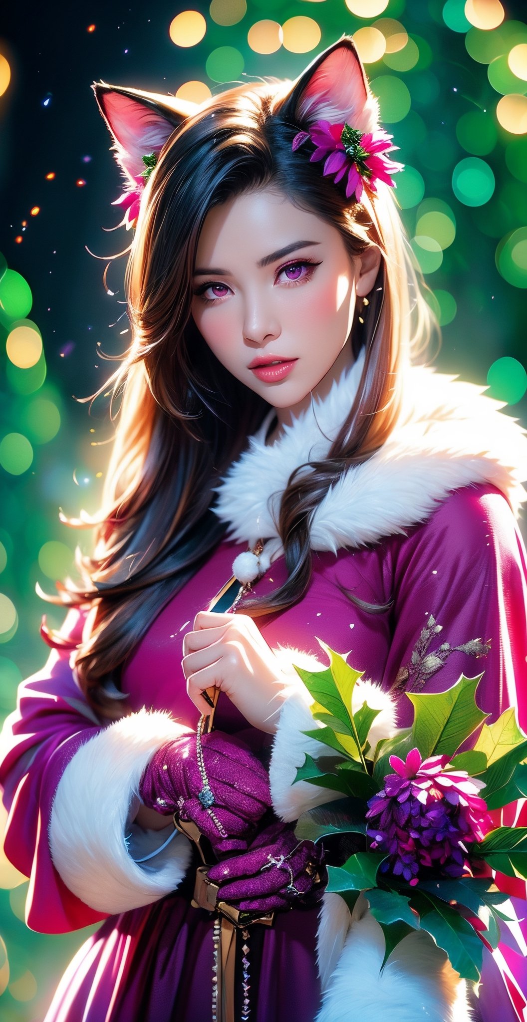 ultra hires, ultra detailed, masterpiece, best quality, woman, flower dress, colorful, darl background, flower armor, green theme, exposure blend, medium shot, bokeh, (hdr:1.4), high contrast, (cinematic, Magenta:1.5), low saturation,Animal ear,(Christmas theme),Santa Claus