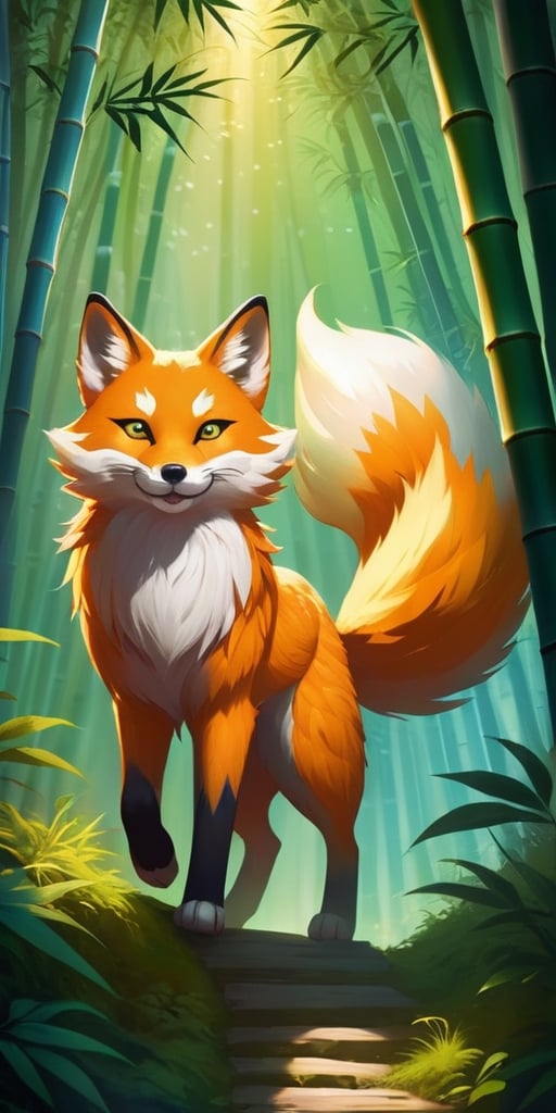 A mesmerizing kitsune with fur like spun moonlight leads a group of travelers through a bamboo forest, its playful smile masking a mischievous glint in its eyes. The forest shimmers with an otherworldly glow, casting long shadows that hint at hidden dangers and forgotten magic.
 
