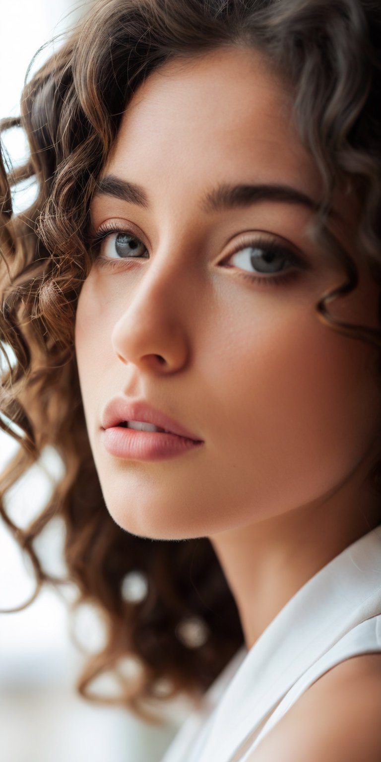 A black and white close-up portrait of a woman with soft, natural curls framing her face. Her expression is thoughtful and introspective. The background is blurred, creating a dreamy effect.
