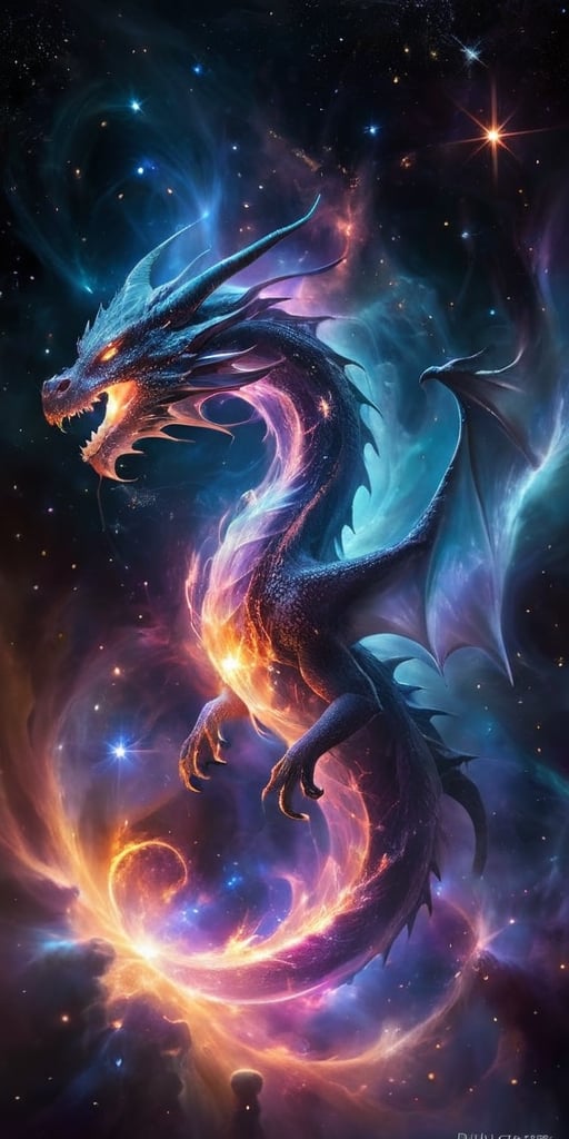 A dragon of living nebulae, its body a swirling mass of gases and dust, lit from within by the light of newborn stars. It moves with a slow, deliberate grace through a dense nebula, its form constantly shifting and changing as it absorbs and emits the energies of the cosmic cloud around it.
