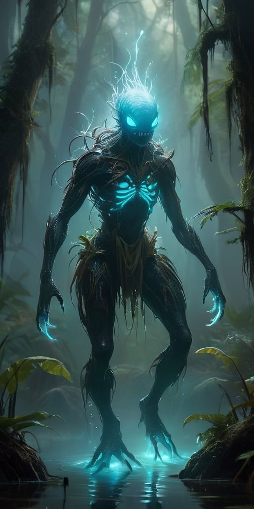 A monstrous, amphibious creature with bioluminescent markings emerges from a fog-shrouded swamp. Its webbed fingers leave glowing trails on the damp vegetation, and its croaking calls echo through the dense foliage, both a warning and a lure.
