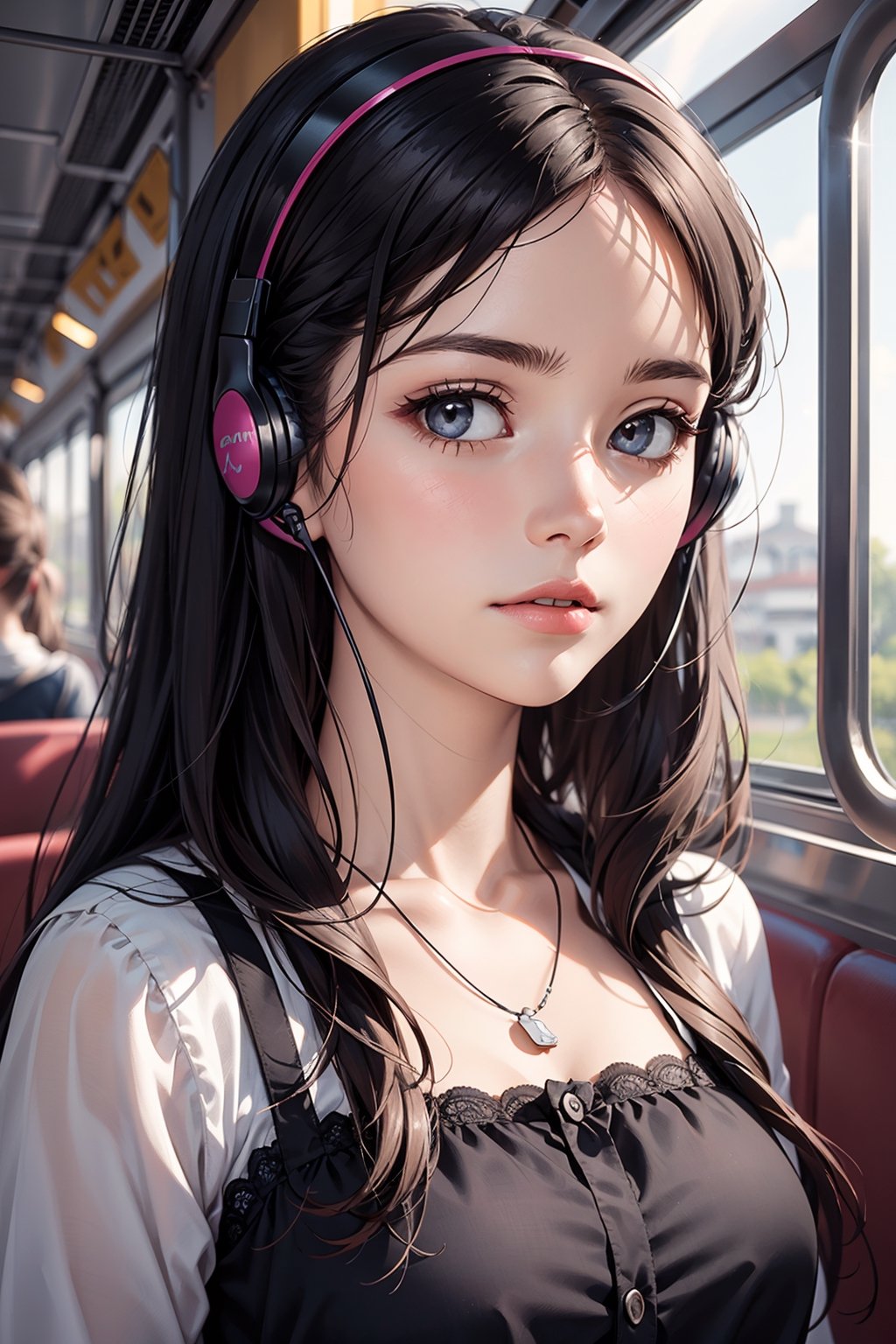 1girl,looking outside,in train,modern,headsets,relaxing,intricate details,((beautiful face)),(((best quality, masterpiece))),(((realistic))),