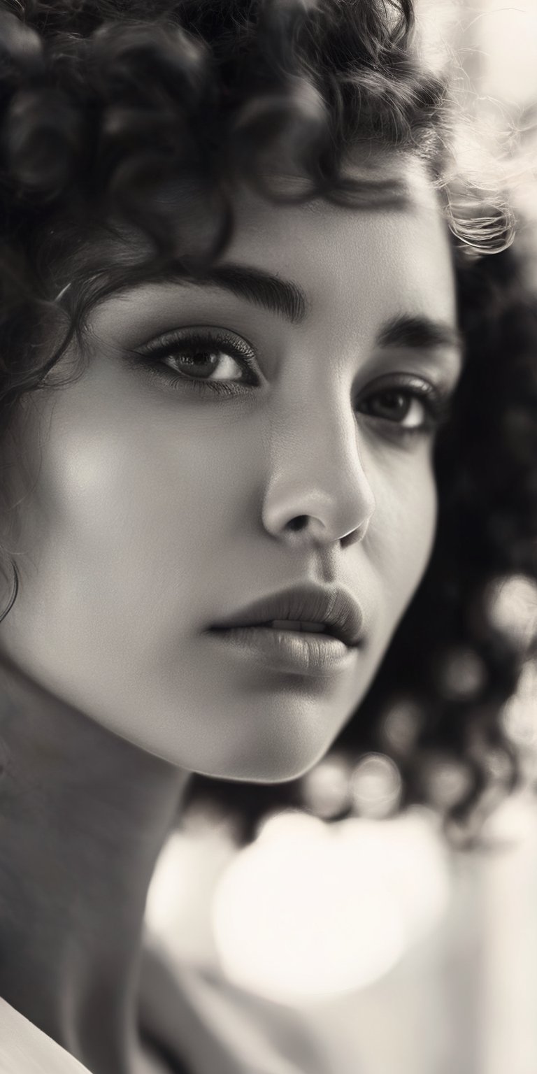 A black and white close-up portrait of a woman with soft, natural curls framing her face. Her expression is thoughtful and introspective. The background is blurred, creating a dreamy effect.
