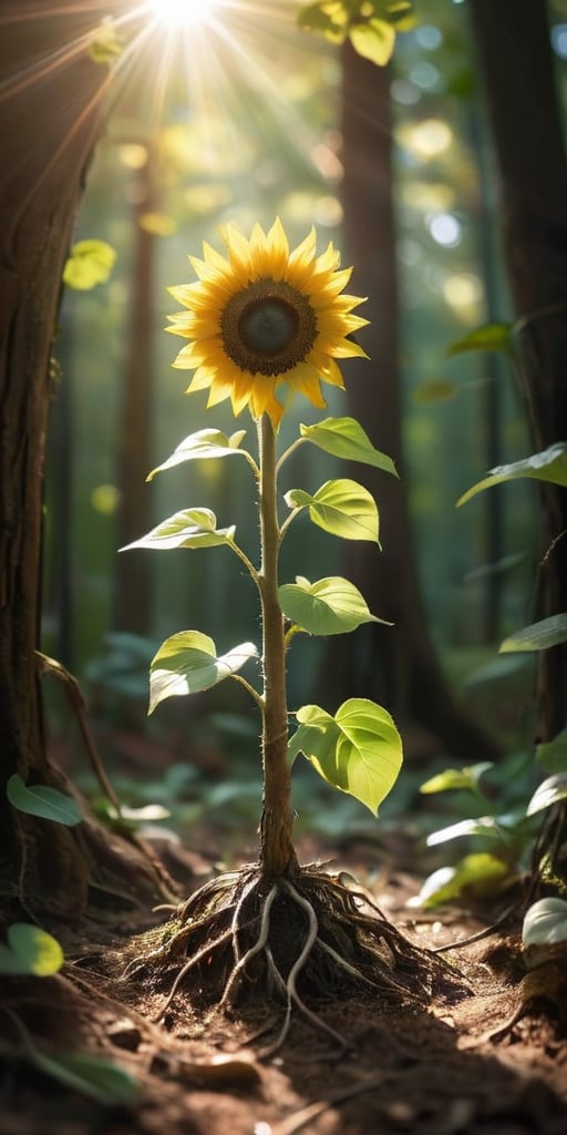 A baby treant sapling, no bigger than a sunflower, with leaves sprouting from its head and roots like tiny toes. Sunlight streams through the leaves, casting intricate shadows on the forest floor.
