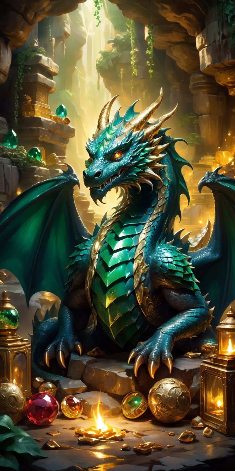 A majestic dragon with emerald-green scales lying protectively over a hoard of treasures in a dimly lit cavern. The gems and gold reflect its fierce beauty, while the shadows and flickering torchlight hint at the peril of approaching such a creature."
