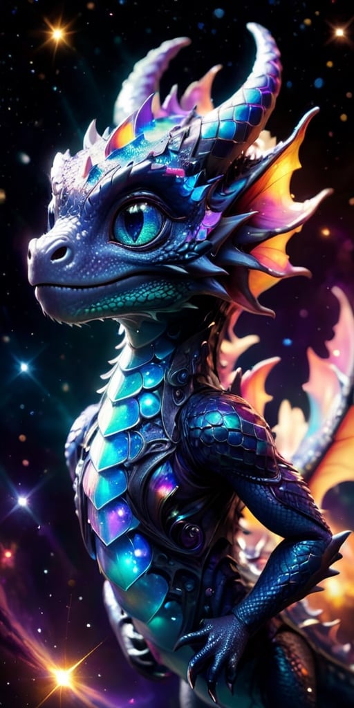 Floating Amongst the Stars A baby dragon with iridescent, cosmic-patterned scales drifts gracefully in the vacuum of space. Its eyes sparkle with stardust, and its tiny claws reach out toward a nearby planet's ring system, bathed in the light of a distant sun.