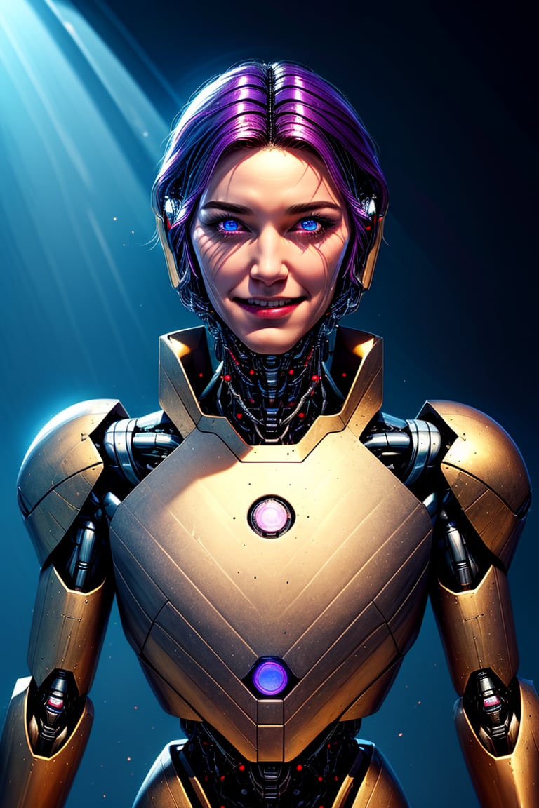 Robot, human like robot, cybernetic, standing near destroyed building , 30 year old man, black suit purple lighting, half
Human, half robot ,25D_Loras,no_humans,Detailedface, blue_eyes, gold hair, shining black armour, smiling face