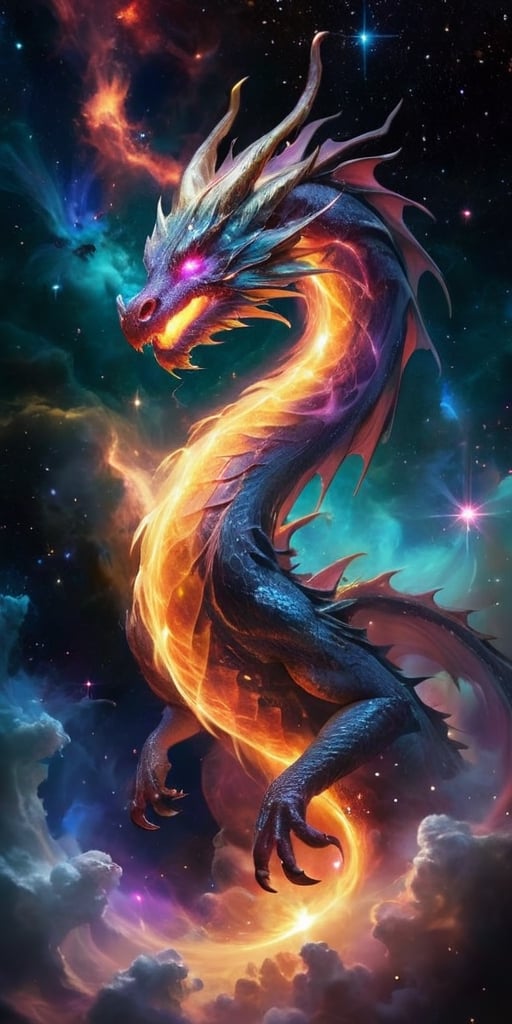 A dragon of living nebulae, its body a swirling mass of gases and dust, lit from within by the light of newborn stars. It moves with a slow, deliberate grace through a dense nebula, its form constantly shifting and changing as it absorbs and emits the energies of the cosmic cloud around it.
