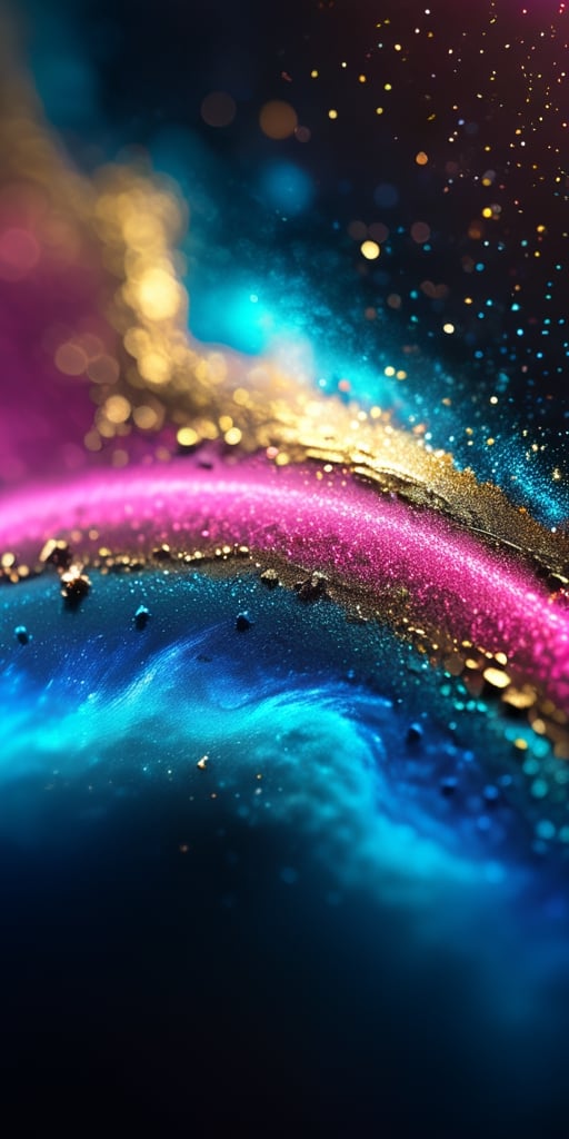 close up angal ((on the air )) , ((gold neon pink blue  dust ) , detailed focus, deep bokeh, beautiful, dreamy colors, black dark cosmic background. Visually delightful ,3D,more detail XL ,more detail XL