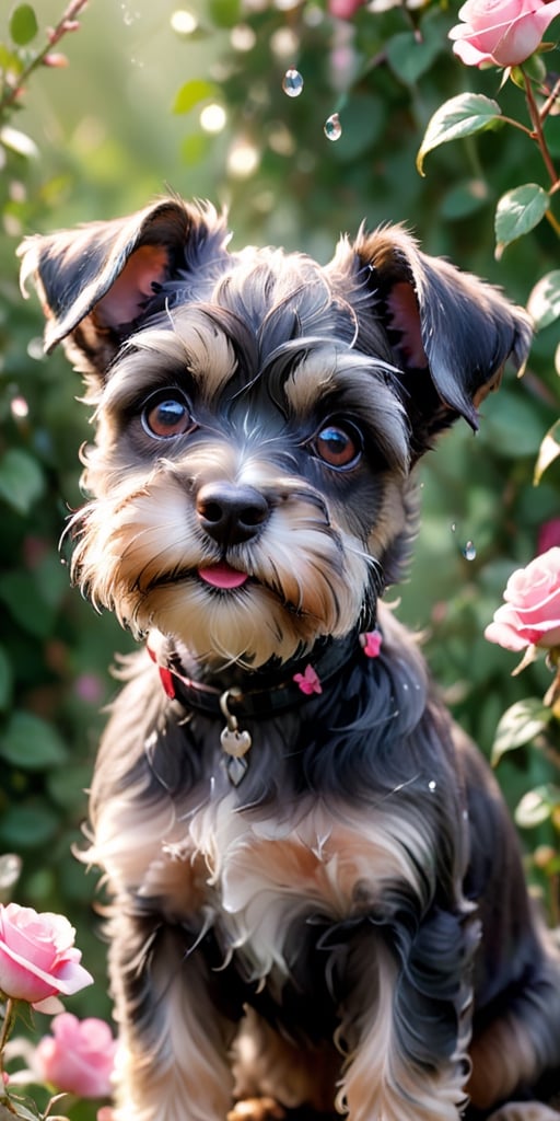 A close-up image of a Schnauzer puppy's face, framed by its wiry fur. The puppy's eyes sparkle with mischief as it fixates on a delicate pink butterfly fluttering in front of a rose bush. Dewdrops glisten on the rose petals, adding to the scene's charm.
