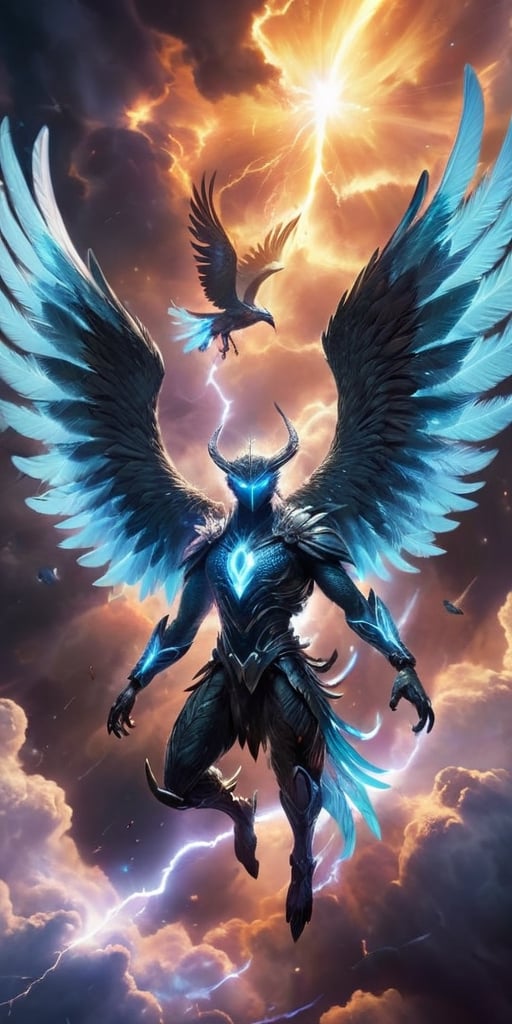  A pack of winged humanoids with shimmering feathers and razor-sharp talons soar through a celestial storm. Their forms crackle with electrical energy, and their eyes glow with an otherworldly power as they navigate the swirling clouds of gas and plasma.
