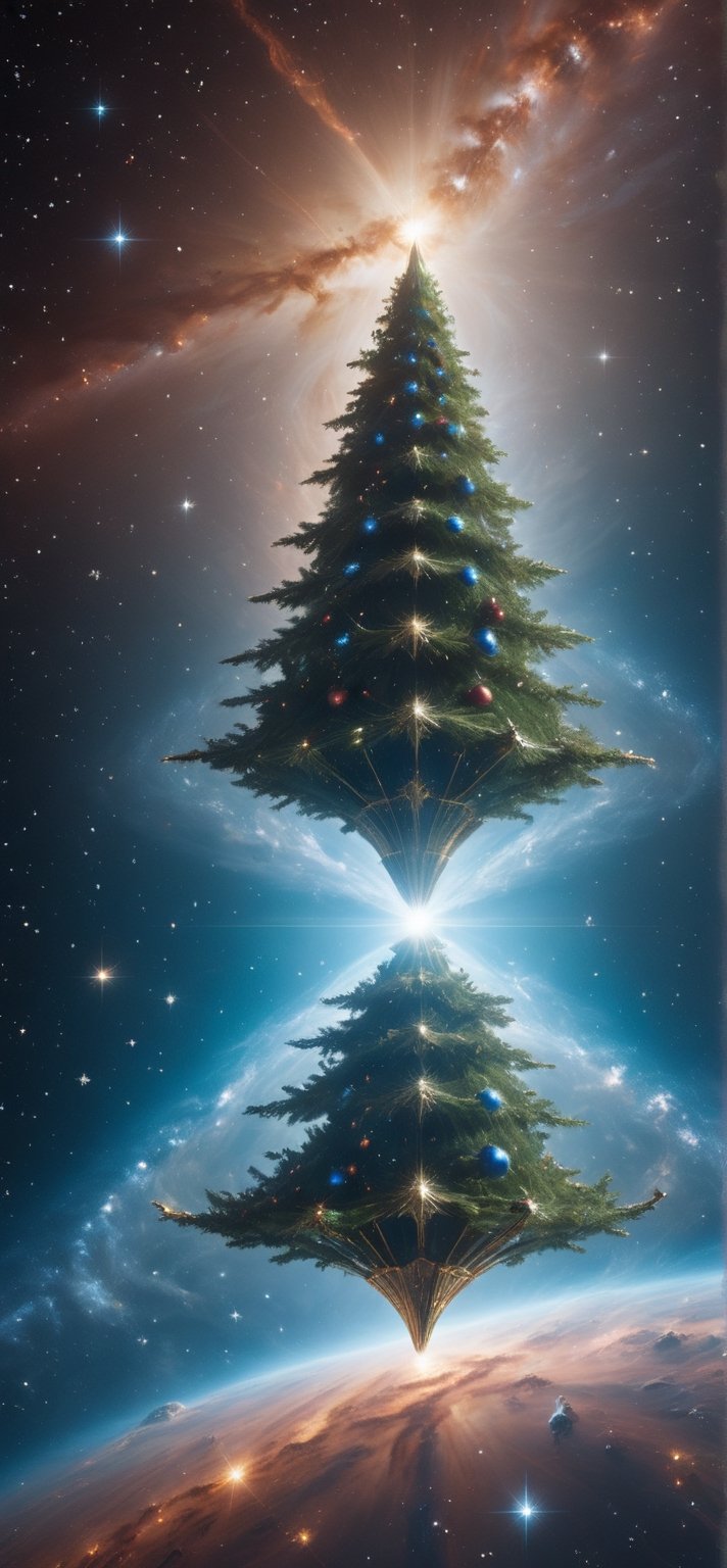 "Generate a captivating image of a Christmas tree-shaped spacecraft gracefully drifting through the cosmos. Envision the spacecraft adorned with sparkling lights, resembling festive ornaments, and cosmic dust forming a shimmering trail behind it. Highlight the intricate details of the spacecraft's branches, each tipped with celestial decorations, and the central trunk housing a futuristic command center. Capture the ethereal beauty of this celestial Christmas tree as it navigates the vastness of space, spreading holiday cheer to the far reaches of the universe.",Starship,