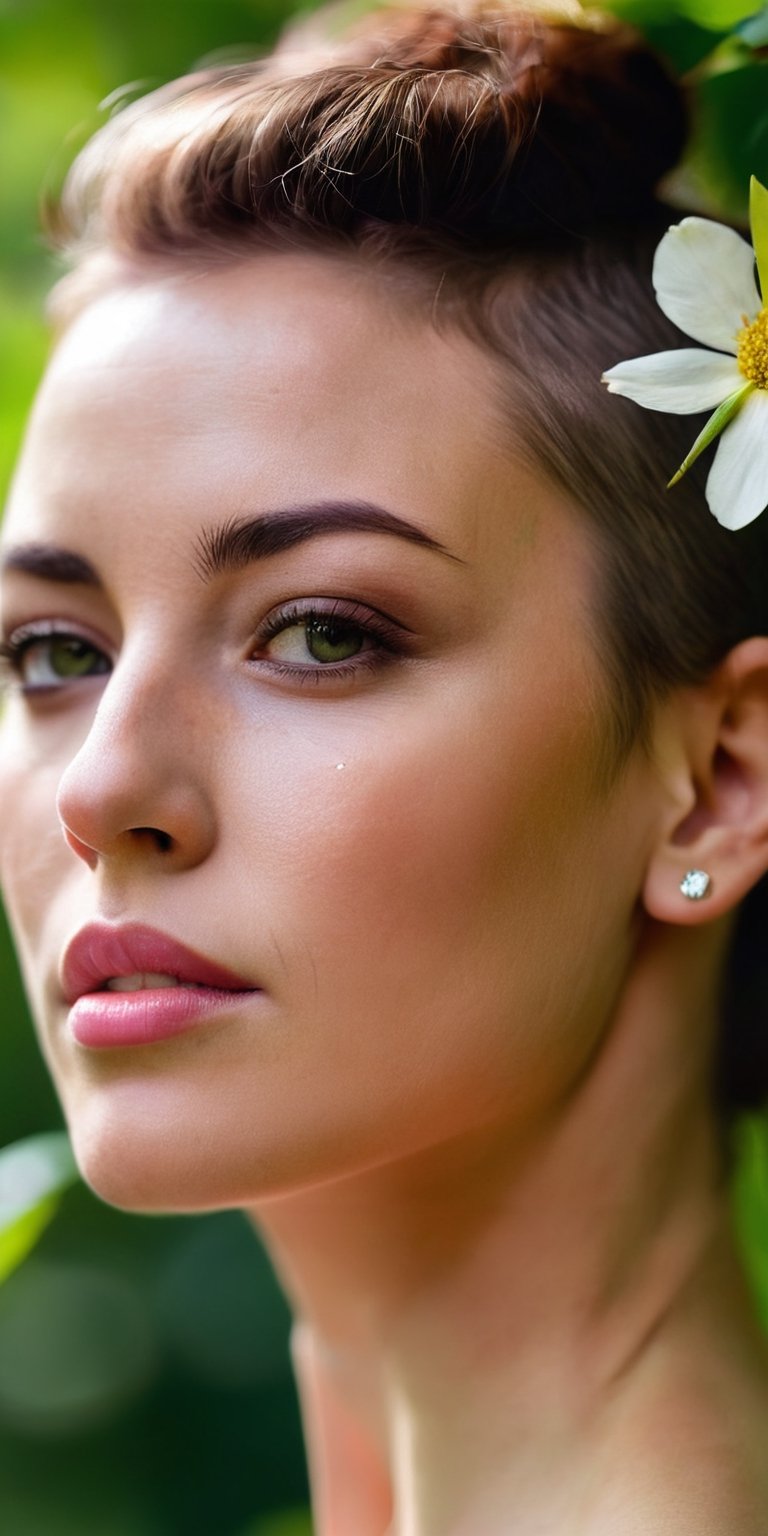 A close-up portrait of a woman with a half-shaved head and a blooming flower tucked behind her ear. Her eyes are filled with peace and serenity. The background is a lush green forest with sunlight dappling through the leaves.
