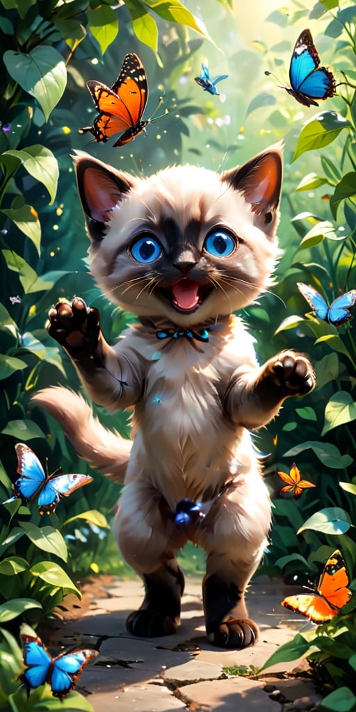  mischievous Siamese kitten, its bright blue eyes sparkling with amusement, stalks a butterfly with playful intent. The butterfly, a burst of orange and black against the green leaves, flits from flower to flower, just out of reach of the kitten's pouncing paws. The scene is filled with the energy of the chase, a delightful dance between predator and prey.
 
