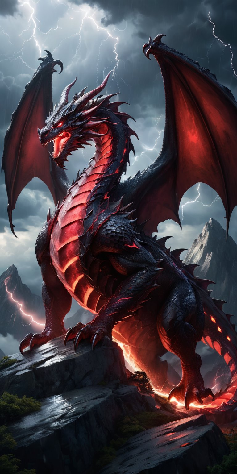 A colossal dragon with gleaming ruby scales perched on a mountain peak under a stormy sky. Lightning illuminates its menacing silhouette, highlighting the sharpness of its claws and the lethal grace in its powerful form.
