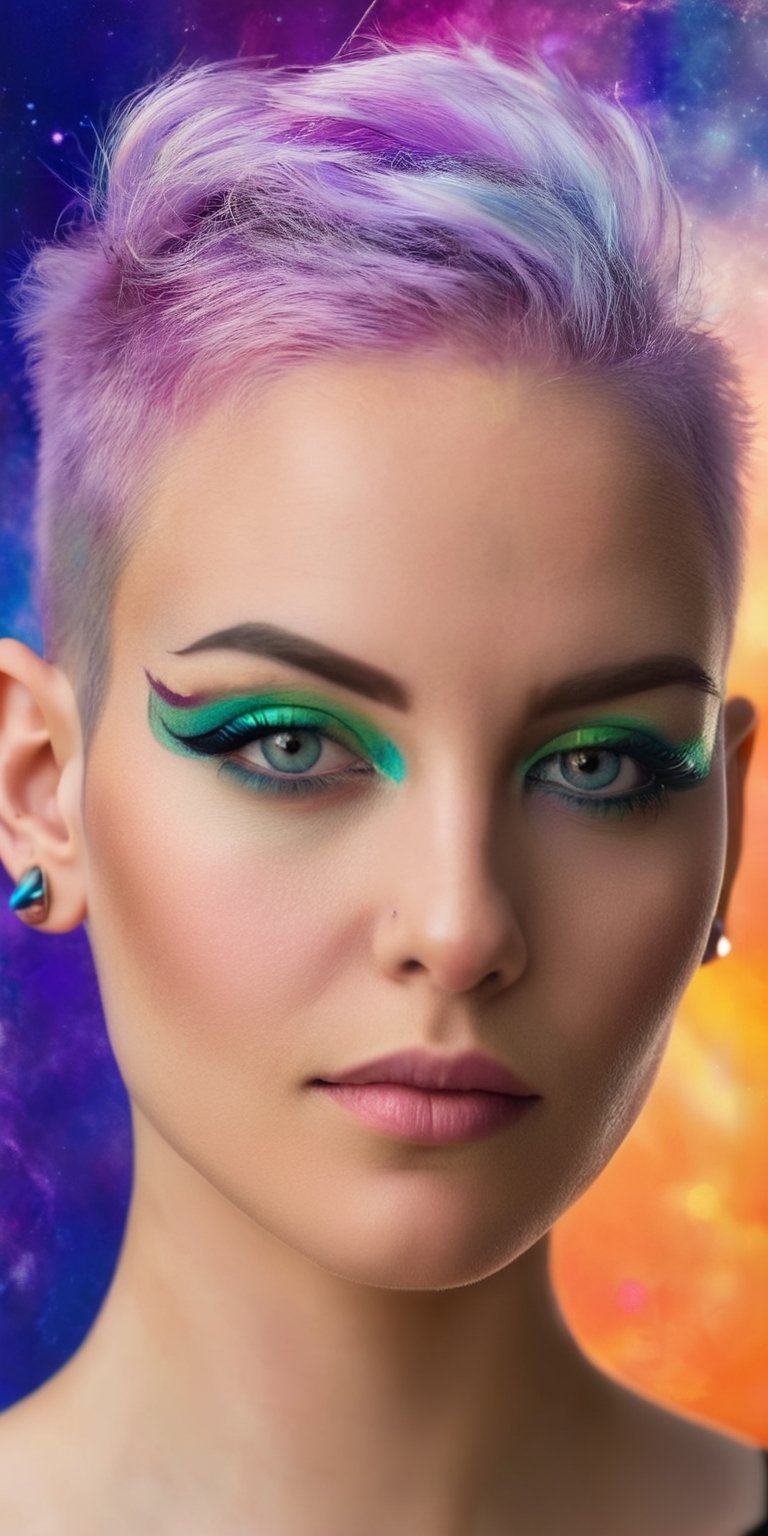 A close-up portrait of a woman with a shaved head and a confident gaze. She has a variety of piercings adorning her ears and eyebrow. The background is a swirling galaxy filled with vibrant colors.
 
