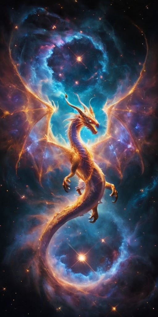 A cosmic dragon, its body a swirling vortex of stars and galaxies, with nebulae glowing softly within its translucent wings. It roars silently into the void, a beacon of majestic power and otherworldly beauty in the infinite expanse of space.
