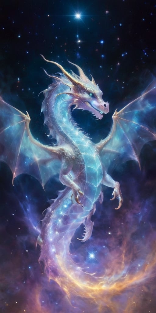 An ethereal dragon, translucent and shimmering like a ghostly apparition, its form outlined by the glow of distant stars. It soars through the void of space, leaving a trail of sparkling stardust in its wake, its eyes glowing with ancient wisdom as it navigates the cosmos.
