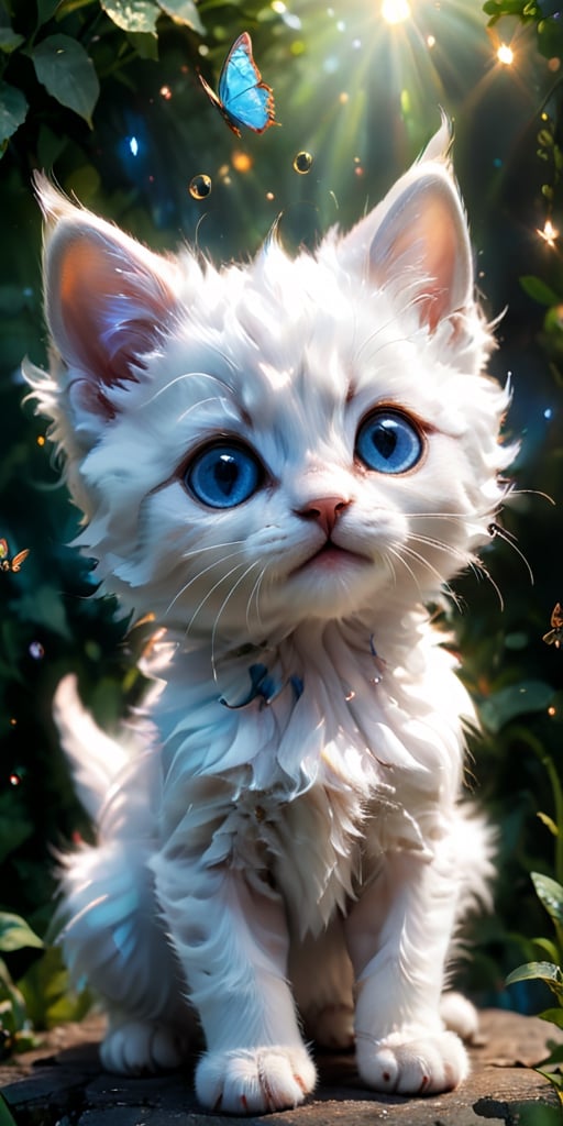 close-up portrait of a fluffy white kitten gazing upwards with wide, curious eyes. A butterfly with wings of iridescent blue flutters just above the kitten's head, its delicate form reflected in the kitten's shiny pupils. The image captures the innocence and wonder of the kitten as it experiences the beauty of the natural world.
 
