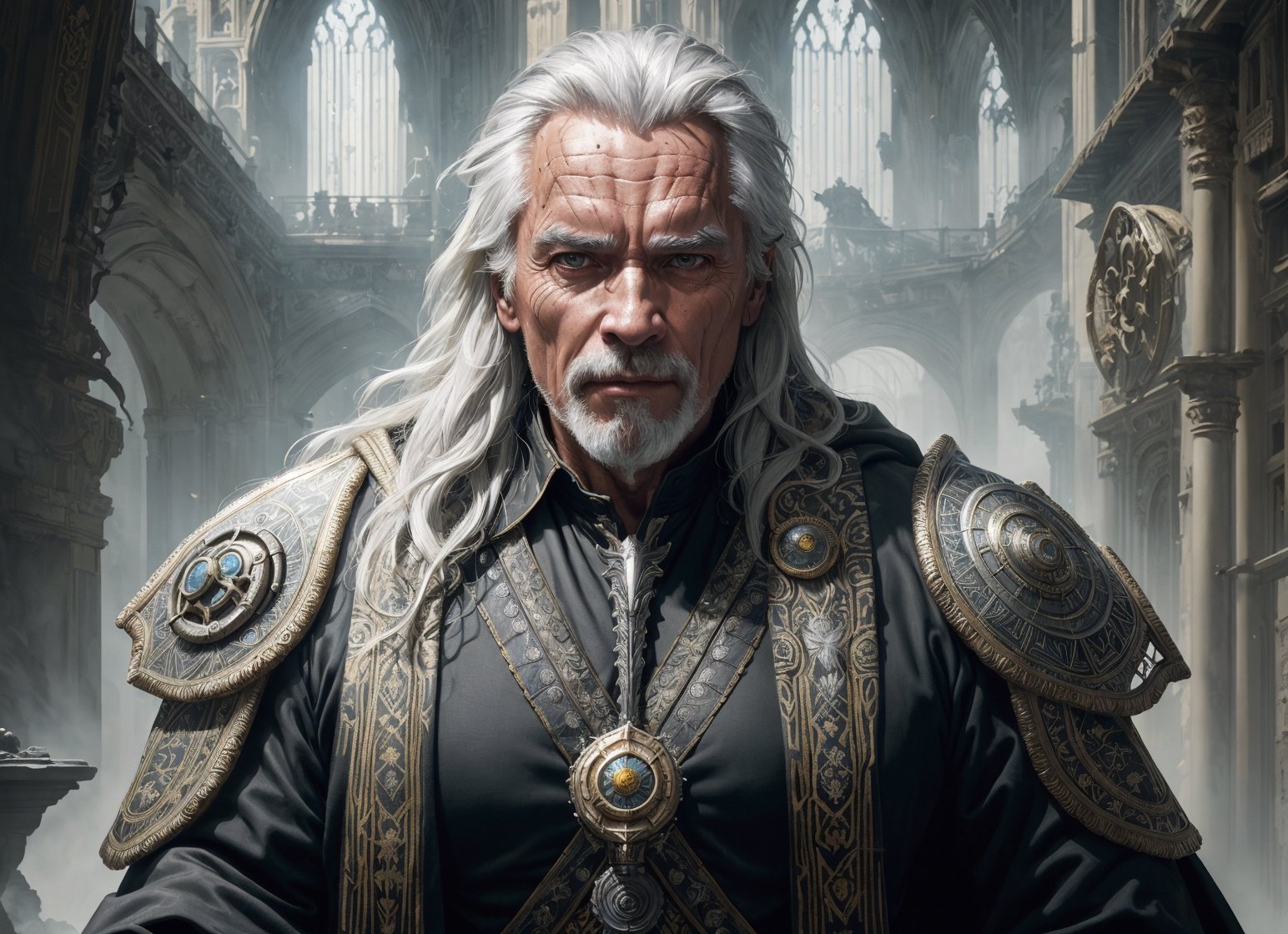 portrait, action pose, slow motion, (old male human wizard:1.2) old male human wizard wearing yellow and black robes (majestic evoker cloth armor:1.2), (wrinkles, steampunk), (archmage robes, runic patterns:1.2), (insanely detailed, bloom:1.5), (analog:1.2), (high sharpness), (detailed pupils:1.1), (painting:1.1), (digital painting:1), detailed face and eyes, Masterpiece, best quality, (highly detailed photo:1.1), 8k, photorealistic, very long straight white and grey hair, grey streaks, ecstatic, (60-year old Austrian male:1.1), sharp, (older body:1.1), stocky, realistic, real shadow 3d, (highest quality), (concept art, 4k), (wizard labratory in backgound:1.2), by Michelangelo and Alessandro Casagrande and Greg Rutkowski and Sally Mann and jeremy mann and sandra chevrier and maciej kuciara, inspired by (arnold schwarzenegger:1.001) and (Dolph Lundgren:1.001) and (Albert Einstien:1.001)