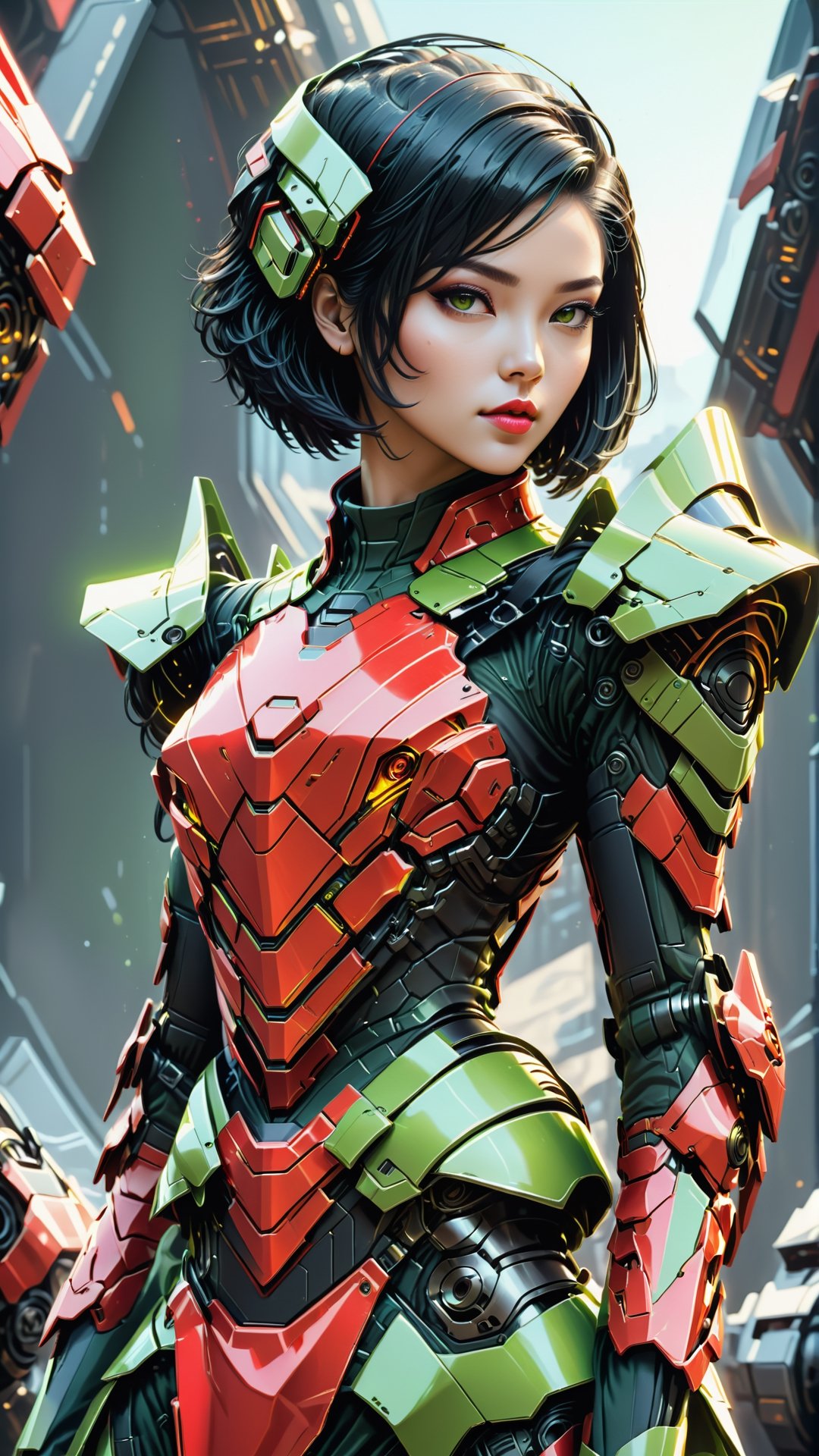 (Women wearing red
Neon green armoured dress), ( Angled bob style, black-hair) , (sci-fi background),Leonardo Style, illustration,vector art,mecha