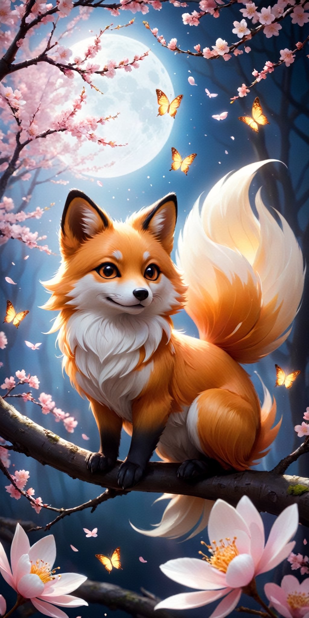 A cunning kitsune spirit with fur like spun moonlight playfully swats at a butterfly, its mischievous glint accentuated by the soft glow emanating from its fur. Cherry blossom petals swirl around it, creating a dreamlike atmosphere.
