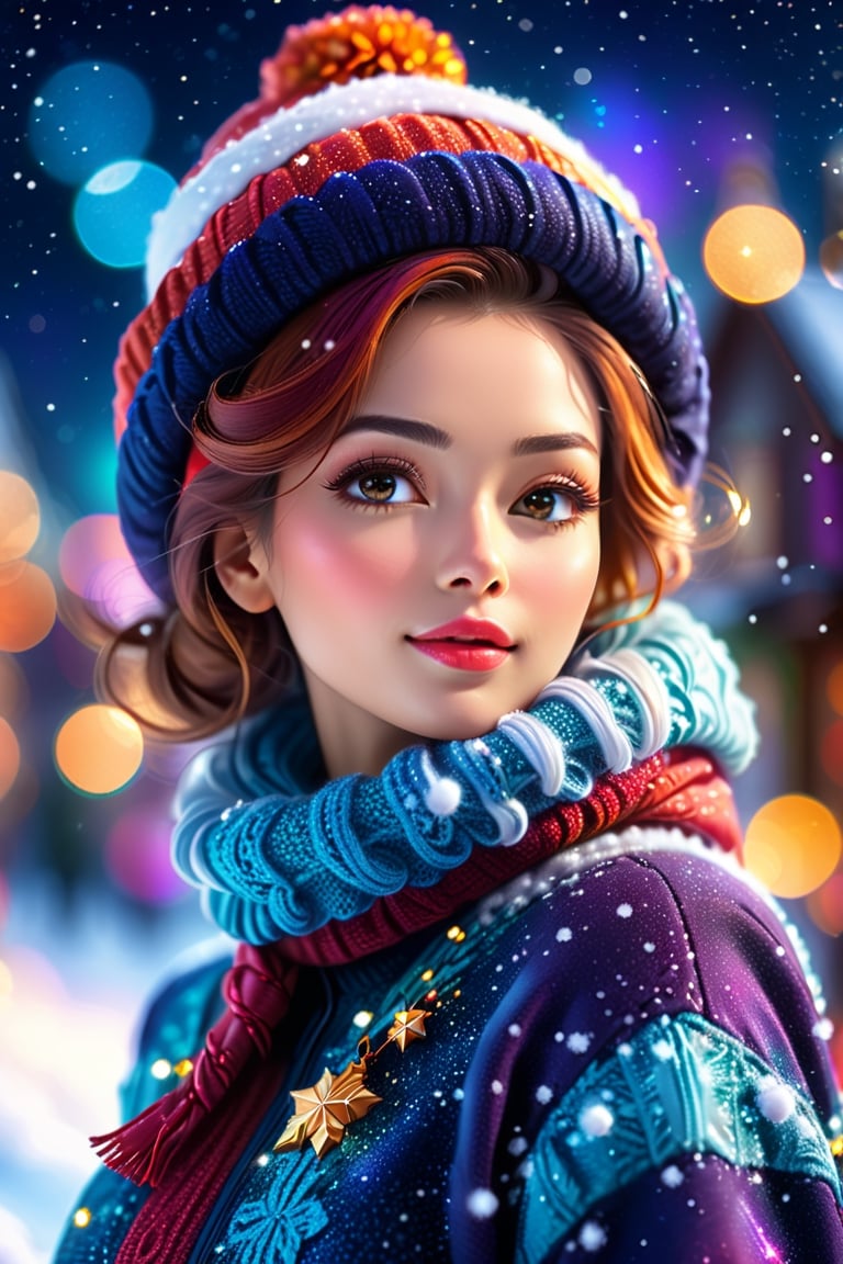 close up angle of (( winter clothes lady )), (snow) , detailed focus, deep bokeh, beautiful, dreamy colors, dark cosmic background. Visually delightful ,3D,more detail XL( Christmas theme)