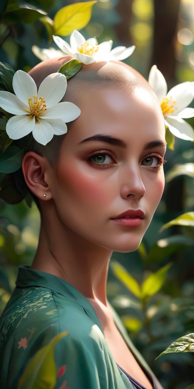 A close-up portrait of a woman with a half-shaved head and a blooming flower tucked behind her ear. Her eyes are filled with peace and serenity. The background is a lush green forest with sunlight dappling through the leaves.
